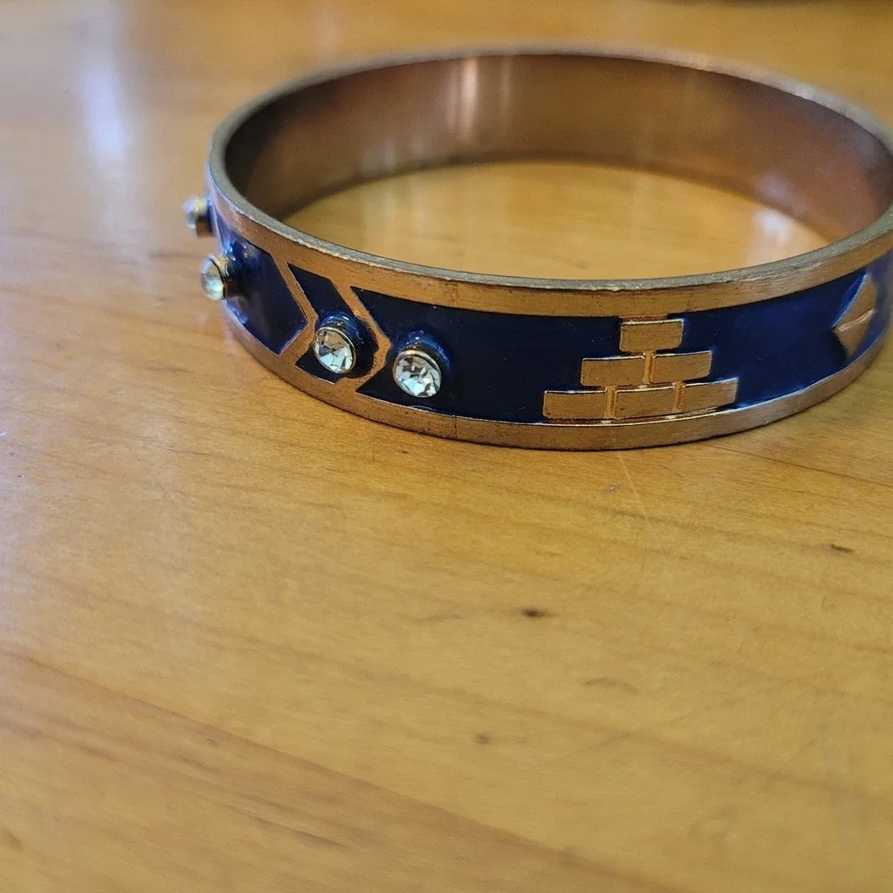 Vintage Blue Enamel Rhinestone Geometric Bangle Bracelet Brass Tone 42g